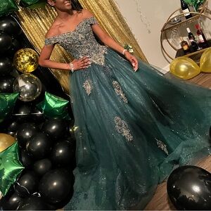 Elegant Green Off-Shoulder Gown with Gold Embellishments